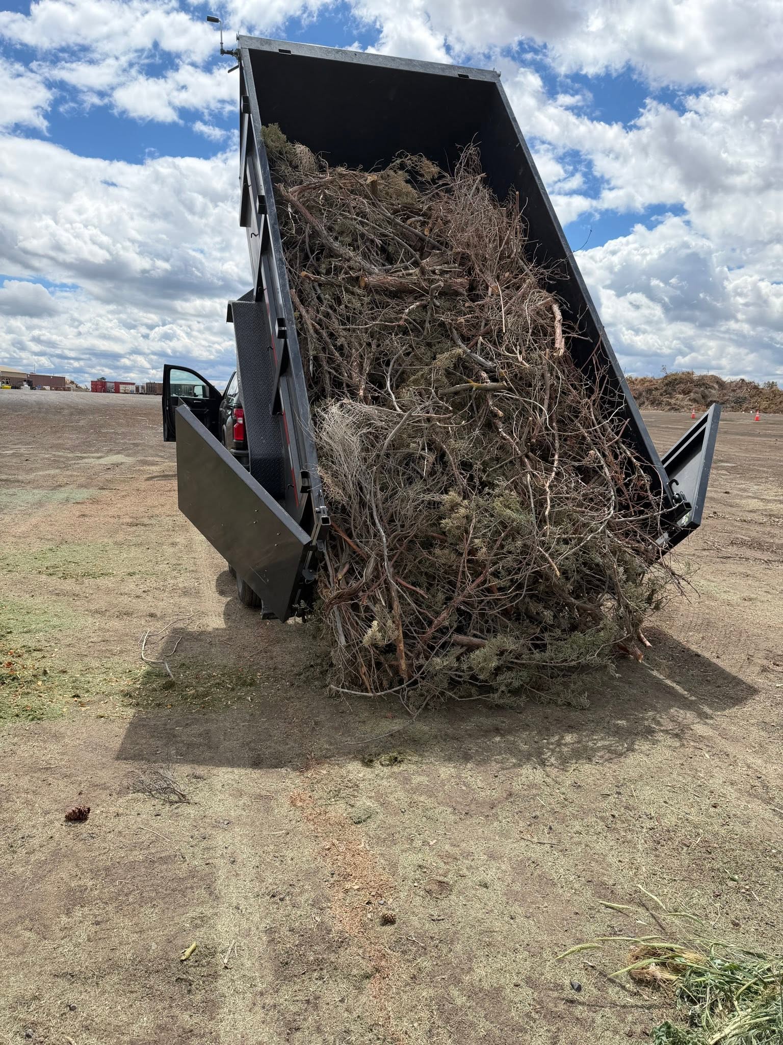 High Desert Hauling dump trailer unloading a full load of brush and yard debris at the disposal site